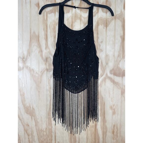 Kimchi Blue Whimsy Boho Glam Black Beaded Tassel Crop Top Open Back Large - Picture 2 of 8